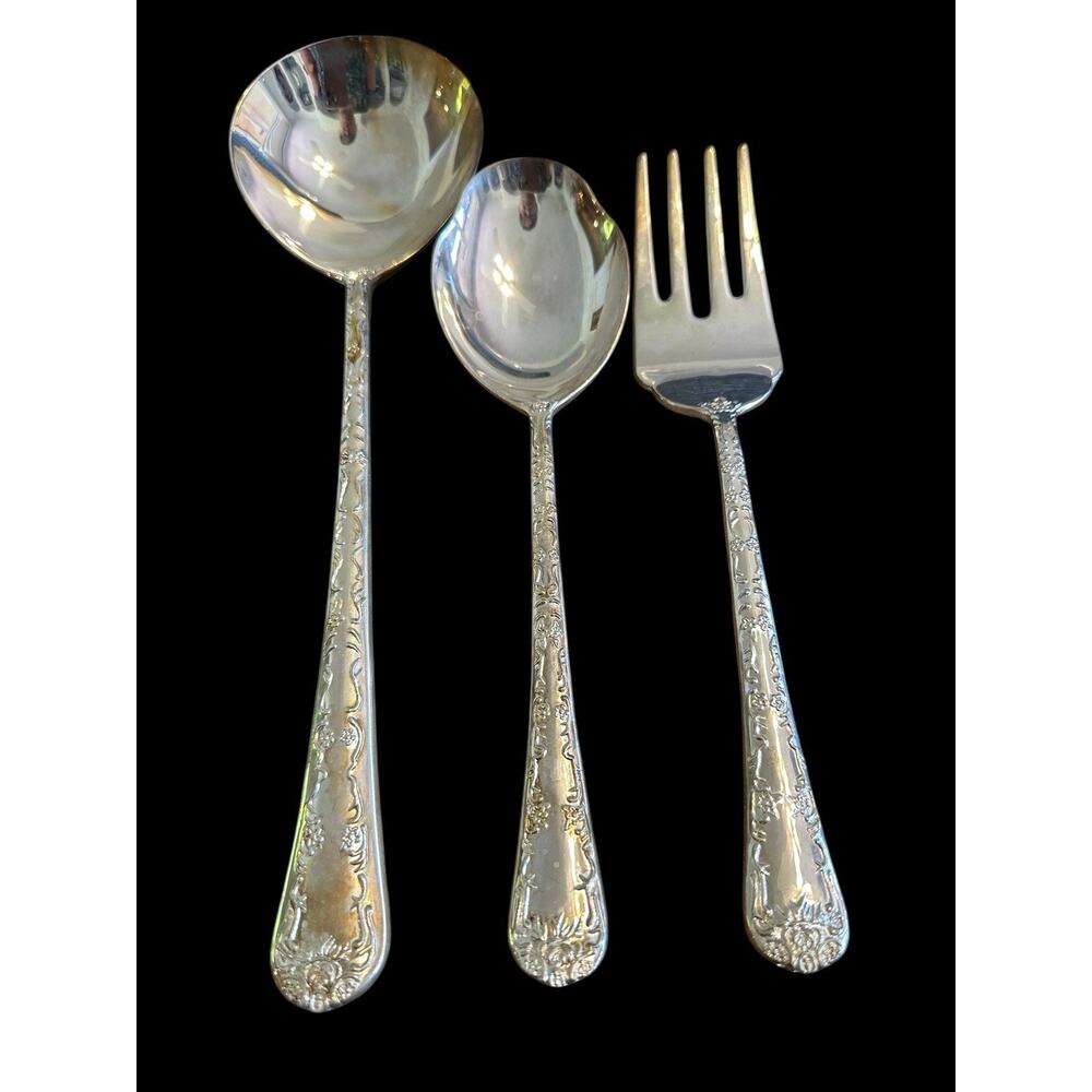 VTG WM. Rogers & Son Enchanted Rose 3pc Serving Set Silverplate Flatware